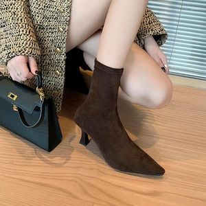 Boots 2024 Winter Brown Women's Short High Heel French Fine Elastic Suede Pointed Tip Slim Fashion Commuter