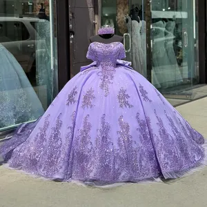 Lila lila lyxiga quinceanera klänningar glittrande strass pärlor födelsedagsfestklänningar 2024 afrikansk tjej mantel båge prom klänningar