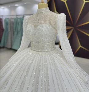 2024 Luxury Beads Sequined Wedding Dress Collar Long Sleeves Floor Length Bridal Princess Bride Gown Women Vestido De Noiva Customed