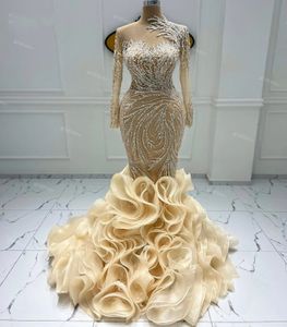 Luxury Champagne Wedding Dress 2024 Sheer Neck Long Sleeve Pearl Layered Ruffle Sequin Beads Bridal Formal Gowns Vestidos De Novia