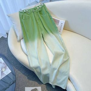 Nunbai Jeans Women American Dirty Green High Tase szeroka noga Nowa letnia luźna gradient proste spodnie nóg