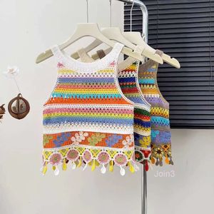 Bohemian Rainbow Stripe Hollow Flower Knitted Tank Top with Sweet and Spicy Design and Fringe Drop Top