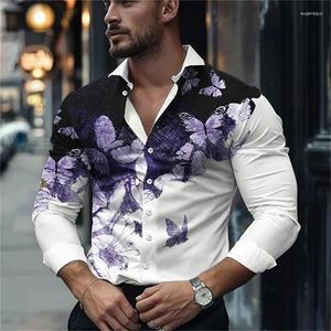 メンズドレスシャツ2024バタフライ3Dプリントビジネスシャツ高品質パターン長袖ラペル快適なソフト6xl