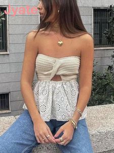 Women's Tanks Jyate Knit Twist Crop Top Women Elegant Lace Mesh Strapless Corset Korean Sexy White Tube Tops Y2k Streetwear Cute Blouse