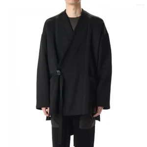 Men's Trench Coats Windbreaker Wool Kimono Jacket Japanese V-neck Dark Black