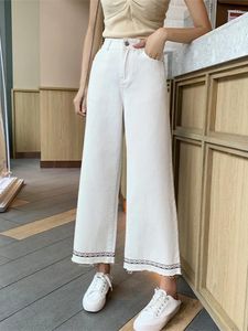 Kvinnors jeans vita broderier brett ben rak kvinnor vintage fotledslängd denim pants streetwear sommar 2024