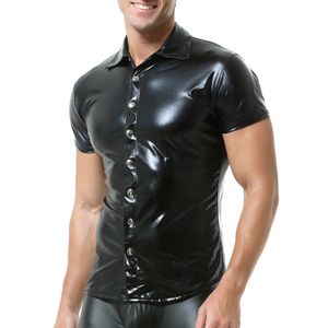 Men's T-Shirts Men Short Sleeve Lapel Shirts Faux Leather T Shirt Nightclub Stage Comes Mens Sexy Button Up Shirt PU Leather Dance Clubwear 240673