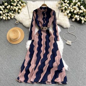 Hook flower hollowed out lace dress goddess style elegant waist up stand up collar single breasted large hem long dress