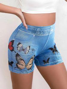 Kvinnors shorts Sommarkvinnor Stylish and Sexy Mid-midjig imitation Denim Butterfly Printed Sports Casual Three-Quarter Shortsl2466