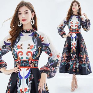 Wind bright silk patchwork lantern long sleeved waist positioning printed large swing puffy dress