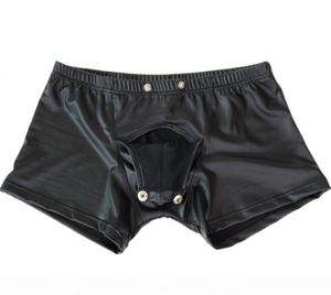 Sexig gay jockstraps trosor för herr underkläder faux läder shorts underbyxor underkläder pressknapp med utbuktningspåse öppnad4253223