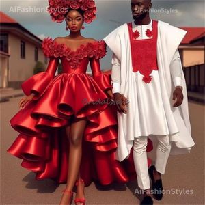 Fantazyjne czerwone gotyckie suknie ślubne z 3D Florals Wspaniały hi niski liski długie rękawowe suknia ślubna plażowa 2024 CIVE CIVI ASO EBI Country Bride sukienka Vestio Novia Africa