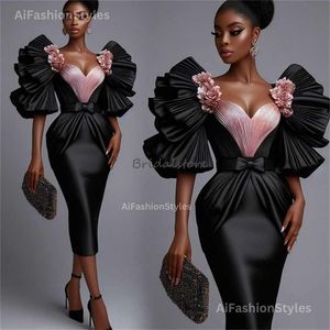 Stunning Aso Ebi Short Prom Dresses 2024 Elegant Tea Length Nigeria African Evening Dress Short Sleeves Pleated Satin Homecoming Cocktail Dress Formal Graduation