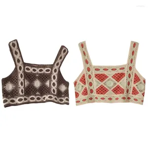 Women Summer Bohemian Knitted Crop For Tank Top Hollow Out Crochet Geometric Pattern Camisole Vintage Sleeveless Beach