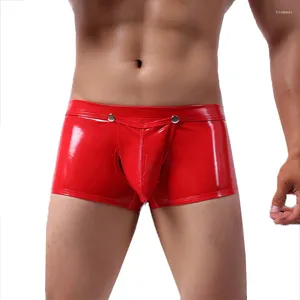 Underbyxor herrboxare shorts pu läder knapp öppen crotch klubbkläder boxershorts jockstrap bulyx underkläder bugle påse trosor 2xl