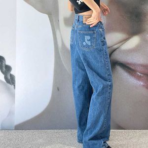 Koreańska nisza modna marka 2024 Wiosna i jesień Nowy RR drukowane kontrastujące dżinsy z prostymi nogami luźne spodnie dla kobiet