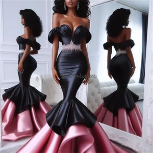 Unikalna czarna z różowymi sukienkami na studniówkę 2024 Vintage Off ramiona syrena Nigeria African Evening Sukienka Warstwowe marszki z koralikami Ceremonia Formalna okazja przyjęcie konkursowe