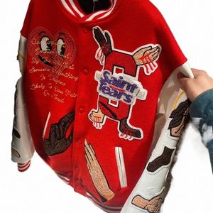 Kırmızı Aziz Michael Ceket İşlemeli Viskoz Bezi Beyzbol Üniformalı Amerikan Sıradan Çift All-Mwatch Saint Coat O9Hz#