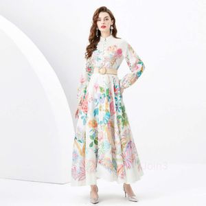 Vår/sommar 2024- Semesterstil Stand Up Collar Single Breasted Printed Wide Long Dress