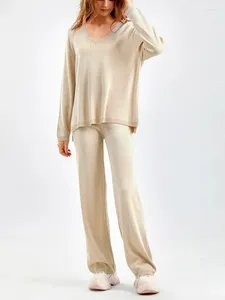 Damen zweisteuelhafte Hosen Frühling Herbstpullover Set Elegant Strickanzüge lässig dünne Dünne V-Ausschnitt Pullover hohe Taillenleuchen für Frauen