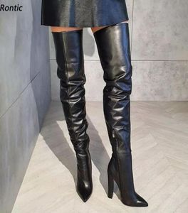 Rontic New Fashion Women Winter Thigh Boots Matt Side 지퍼 chunky Heels 뾰족한 발가락 우아한 검은 캐주얼 신발 미국 크기 5153350315
