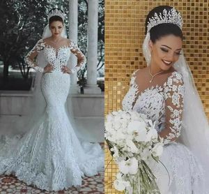 Luksusowa biała koronkowa sukienka ślubna syrenka 2024 Iluzja długie rękawy Zastosowane koraliki arabskie Dubaj Bridal Surs Garden Sukienki Bride Sukienki Vestidos de novia
