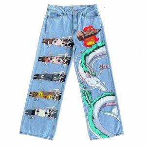 japanese Anime Graphic Embroidered Baggy Jeans Streetwear Y2K Jeans Men Women High Waist Wide Trouser Harajuku Blue Pants B2XN#