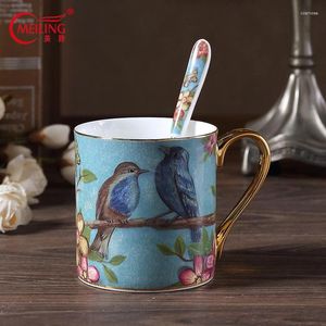 Mugs Pastoral Bone China Mug Bird Porcelain Coffee Cup With Spoon 400ml Personalized Table Ware Luxury Wedding Gifts
