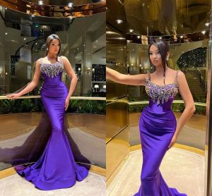 Elegant Purple Mermaid Evening Dresses for Women, Long Spaghetti Straps Beaded Crystals Floor Length Prom Dress Birthday Pageant Special Occasion Gowns