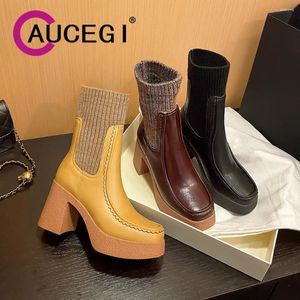 Boots Aucegi High Quality Leather Patchwork Knitting Ankle Women Sexy Platform Chunky Heel Slip On Preppy Style Commuter Shoes