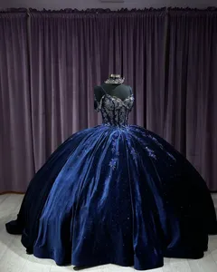 Noble Starry Blue Sweetheart Princess Tutu 2024 Halter Card Shoulder Tie Birthday Party Dress Beaded Applique Pärled Decoration 15 Quinceanera Dresses