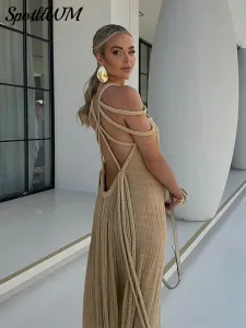 Dress Khaki Hollow Out Lace Up Backless Women Long Dress Sexy Off Shoulder Sleeveless Maxi Dresses 2024 Summer Party Vacation Vestidos