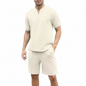 new Casual Two Piece Sets Mens Outfit 2024 Spring Summer Fi Zipper V Neck Short Sleeve T Shirts And Shorts Men Solid Suits H3yB#