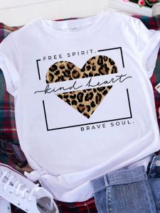 T-Shirts Tshirt Graphic Printed T Shirt Free Spirit Brave Soul Women Short Sleeve Leopard Love Tshirt Valentine's Day Heart Woman Tee