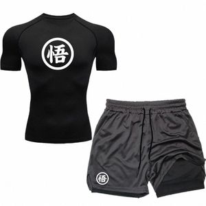 goku 2Pcs Men's Compri Sportswear Suit Gym Short Sleeved T-Shirt Sports Set Workout Jogging Shorts 2 in 1 Fitn Tracksuit 52xX#