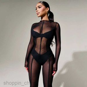 Basic Casual Women Dresses Wind Long sleeved Mesh Pants Summer New Women's Sexy Perspective jumpsuit