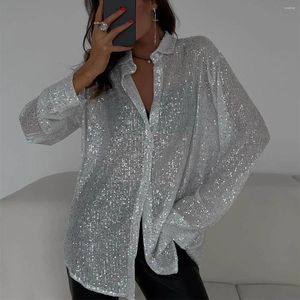 Women's Blouses Sequined Top With Lapel Long Sleeve Cardigan Base
