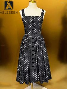 Casual Dresses AELESEEN Designer Fashion Dots Print Dress Women Cotton Summer Spaghetti Strap Single-breasted Square Collar Elegant