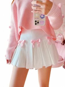 cute Pleated Skirts for Sweet Girls Summer Bows Decorati Elastic Waist Lolita Style White Mini Shorts Skirt Kawaii Clothes r80K#
