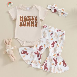 Clothing Sets 2024-11-20 Lioraitiin 0-18M Born Baby Girl Easter Outfit Honey Romper Flared Pants Headband Summer