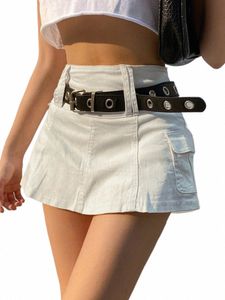 sweetown White A Line Y2K Denim Shorts Skirts Womens Black Side Pocket Casual Cargo Jean Skirt Simple Preppy Golf Tennis Outfits H9XK#