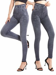 cuhakci Women Grey Fake Jeans Workout Yoga Leggings Seaml Soft Jeggings Women's Imitati High Elastic Denim Pencil Pants j1Wu#