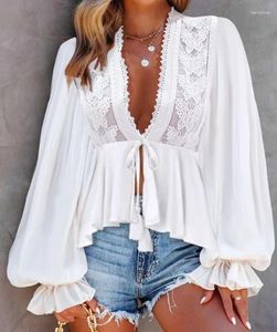 Women's Blouses Casual Blouse For Women 2024 Spring Deep V Neck Tied Detail Lace Patch Embroidery Stitching Lantern Sleeve Top Streetwear
