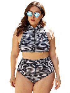 2022 New Fi Women's Two-piece Swimsuit White and Black Striped Print Big Size High Waist Bikini Plus Size Swimwear z7Lm#