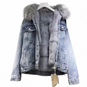 winter Women Warm Basic Coat Big Fur Collar Denim Jacket Female Cold Motorcycle Jackets Outerwear Fleece Thick Casual Overcoat A6n3#