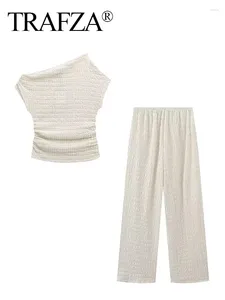 Women's Two Piece Pants TRAFZA Woman 2024 Trendy Skew Collar Sleeveless Top Mid Waist Elastic Wide Leg Female Fashion Set Suit