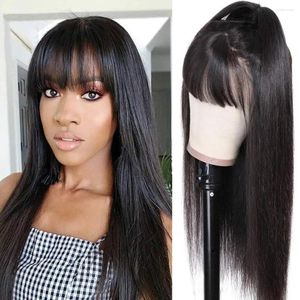 Long Straight With Bangs Heat Resistant Black Synthetic Lace Front 13x3 Size