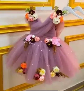 Flower Girl Dresses 3D Hand Made Flowers Off Shoulder Tulle Little Girl Wedding Dress Cheap Communion Pageant Dresses Gows