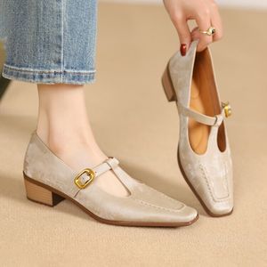 NEW Spring/Autumn Pumps Square Toe Chunky Heel Silk Split Leather Shoes For Women Elegant T-Strap Buckle Mary Janes
