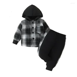 Clothing Sets Mubineo Kids Toddler Boys Girls Long Sleeve Button Down Hooded Plaid Shirt Hoodie Jacket Solid Color Pant Outfit Fall Clothes